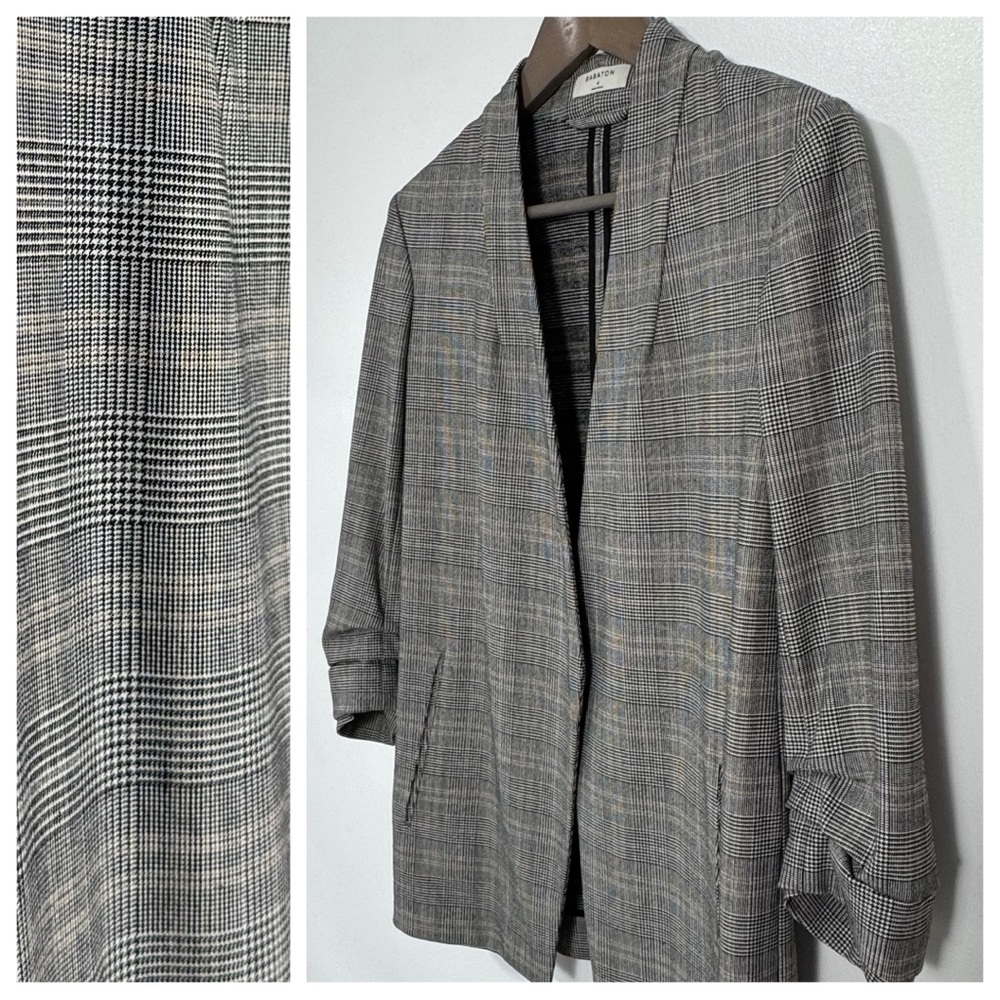 Babaton Power Hip Blazer Open Front Hip Length in Gray Glen Plaid w Tan Size 4
